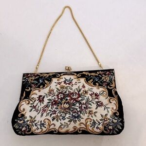 70s Walborg tapestry bag, vintage 70s bag  black,beige & blue floral design